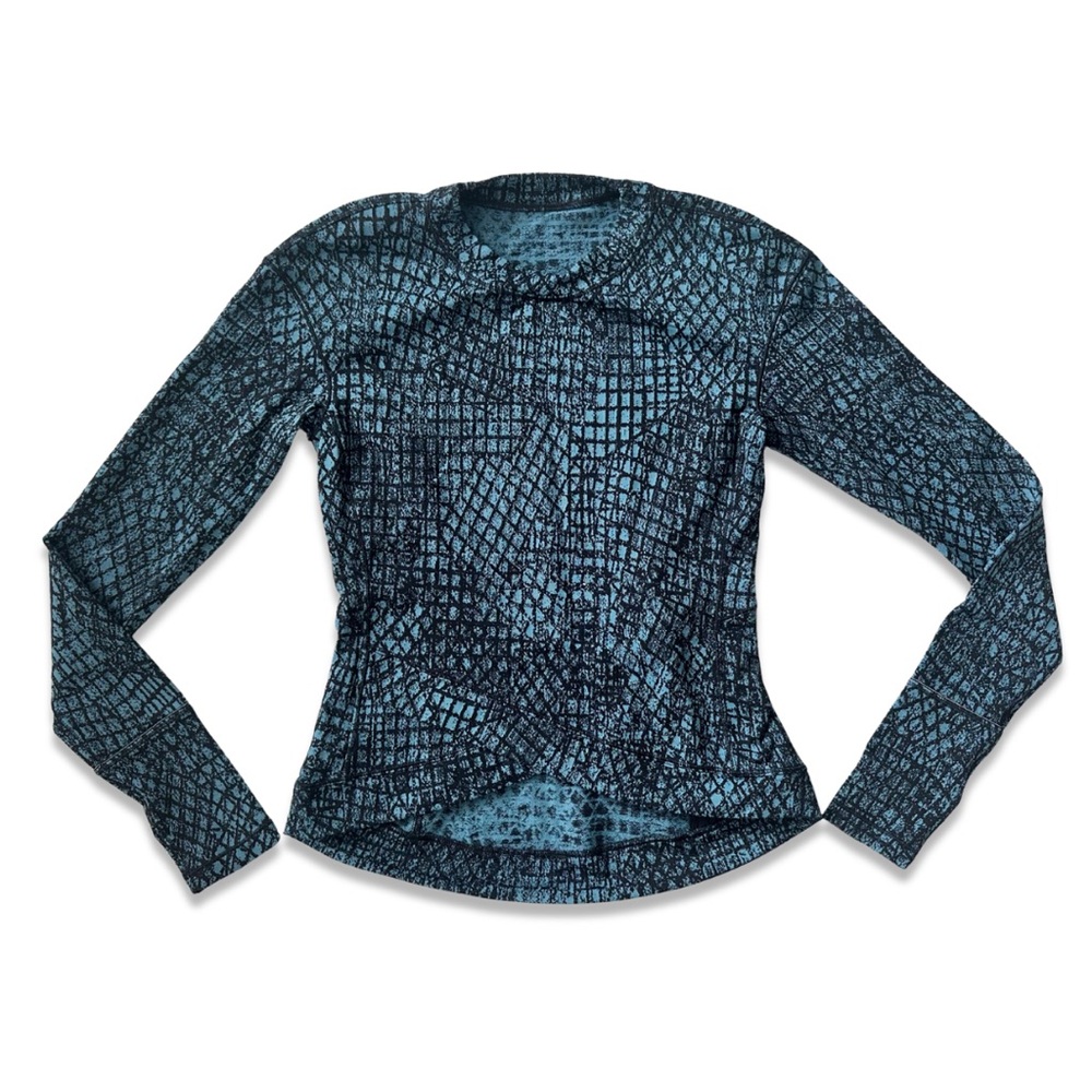 Lululemon Blue & Black Geometric Patterned Faux Wrap Long Sleeve Shirt Size XS